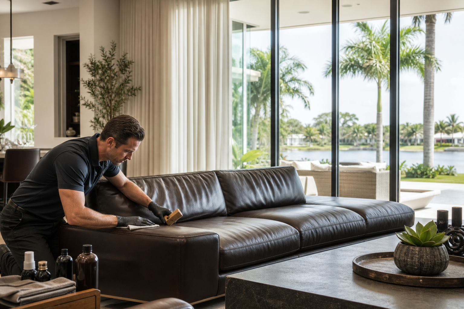 Professional inspecting and restoring the finish on a luxury leather sofa in a Southwest Florida home
