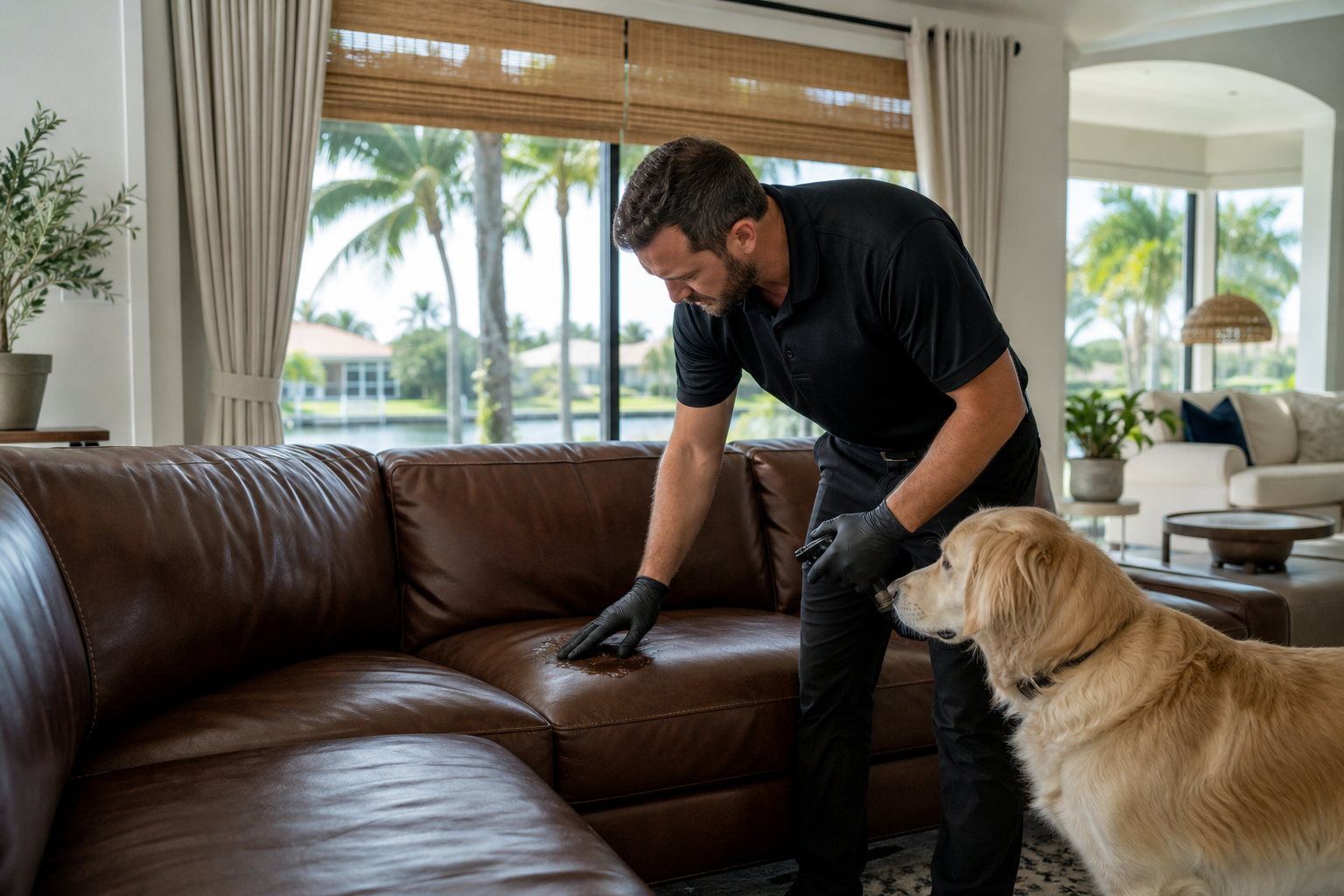 Professional inspecting a leather sofa after a dog urine accident in a Southwest Florida home