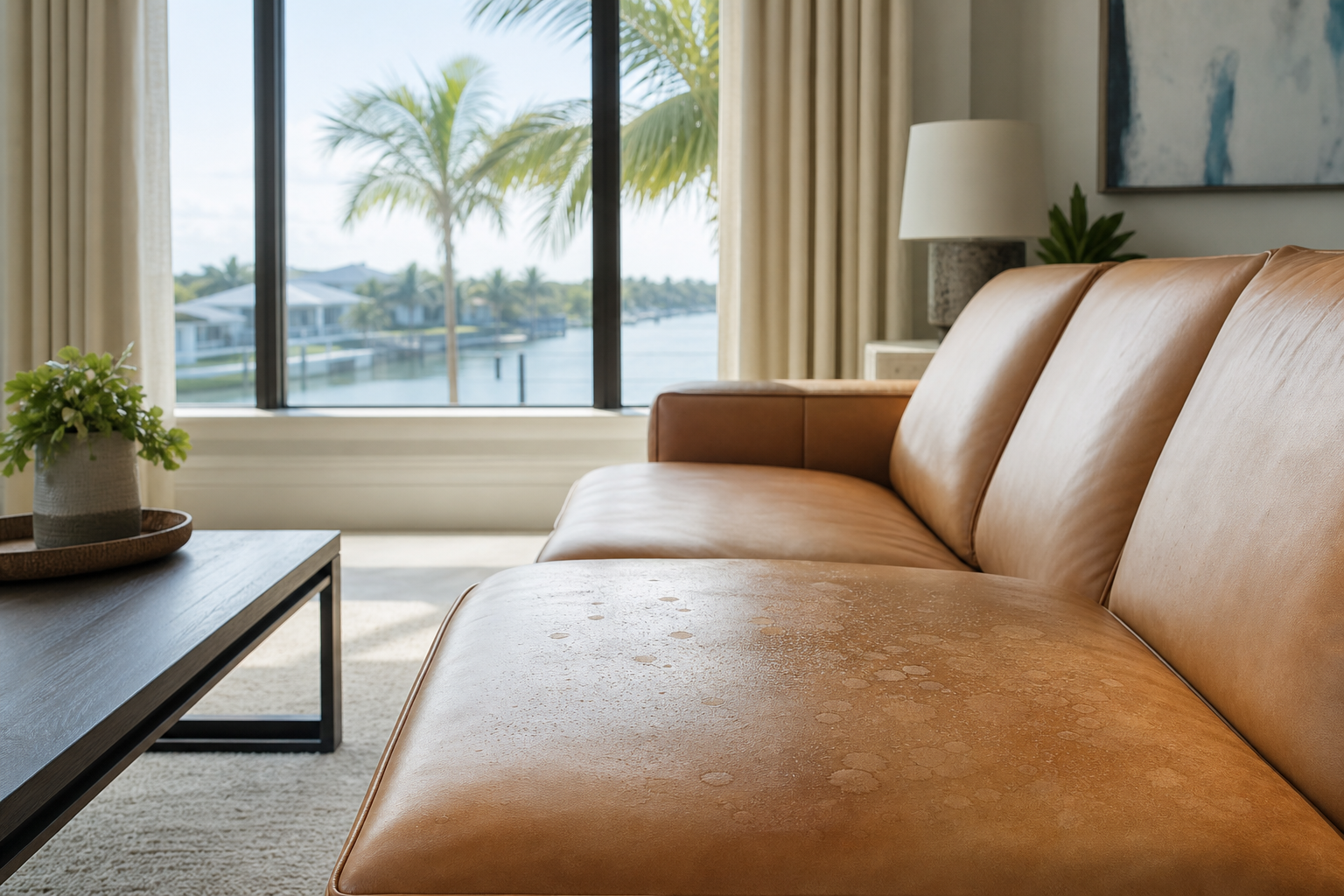 Professional inspecting water spots on a leather sofa in a Southwest Florida home