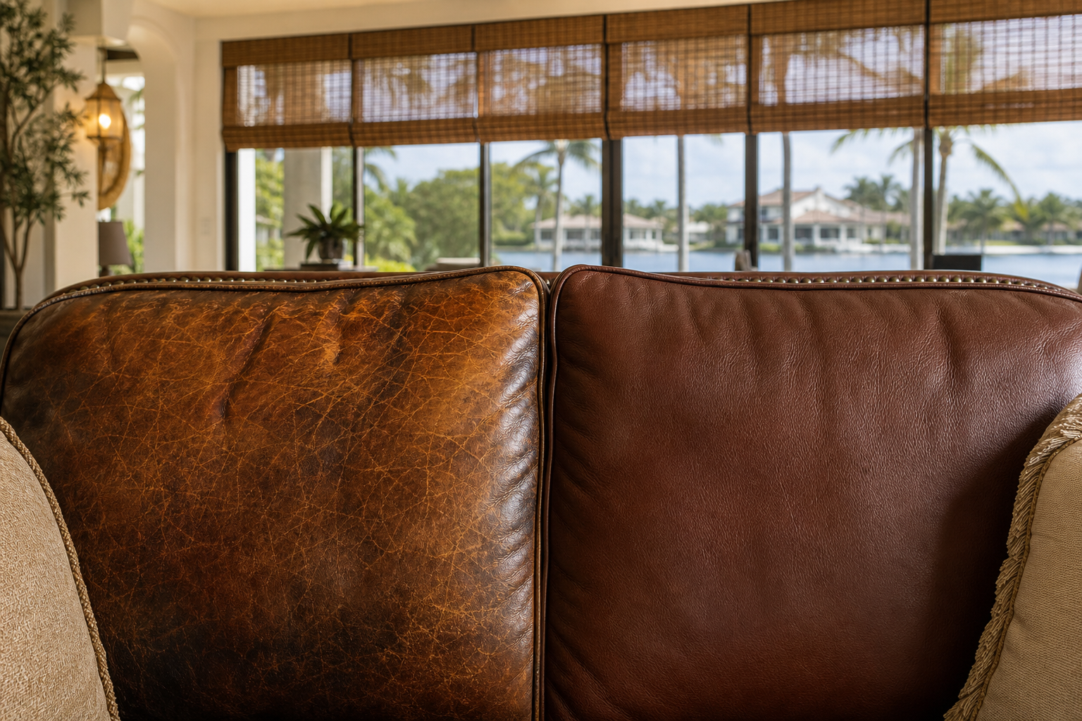 Close-up of richly aged leather upholstery showing natural patina beside a professionally maintained surface in a Southwest Florida home