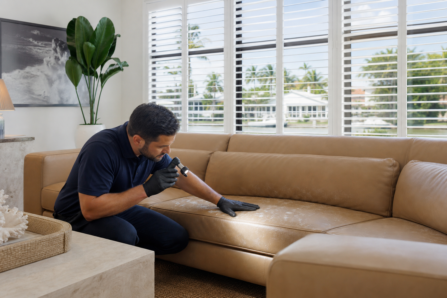 Professional inspecting mold and mildew spots on a leather sofa in a Southwest Florida home