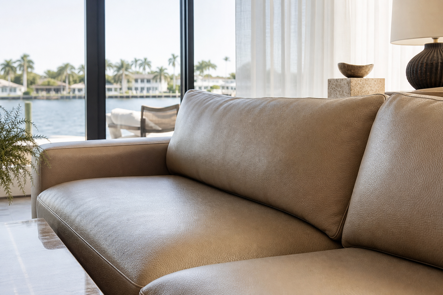 Close-up of a professionally maintained pigmented leather sofa showing its even protective finish and natural grain