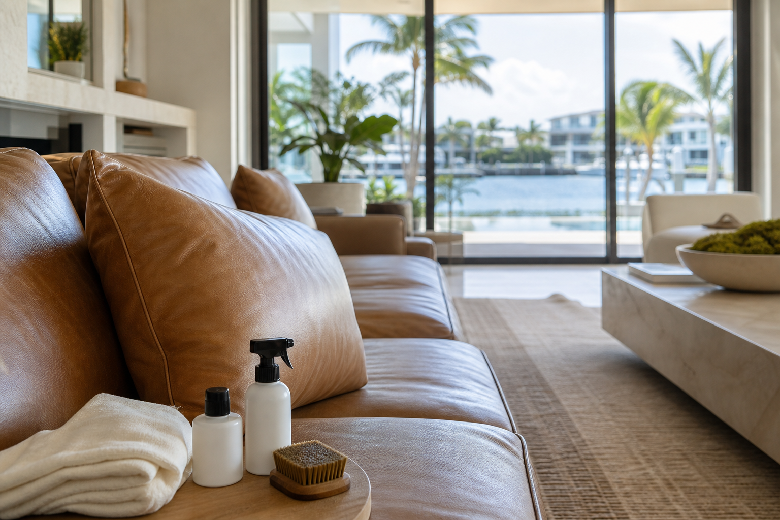 Soft cloth and leather-safe cleaning supplies beside a leather sofa in a Southwest Florida home