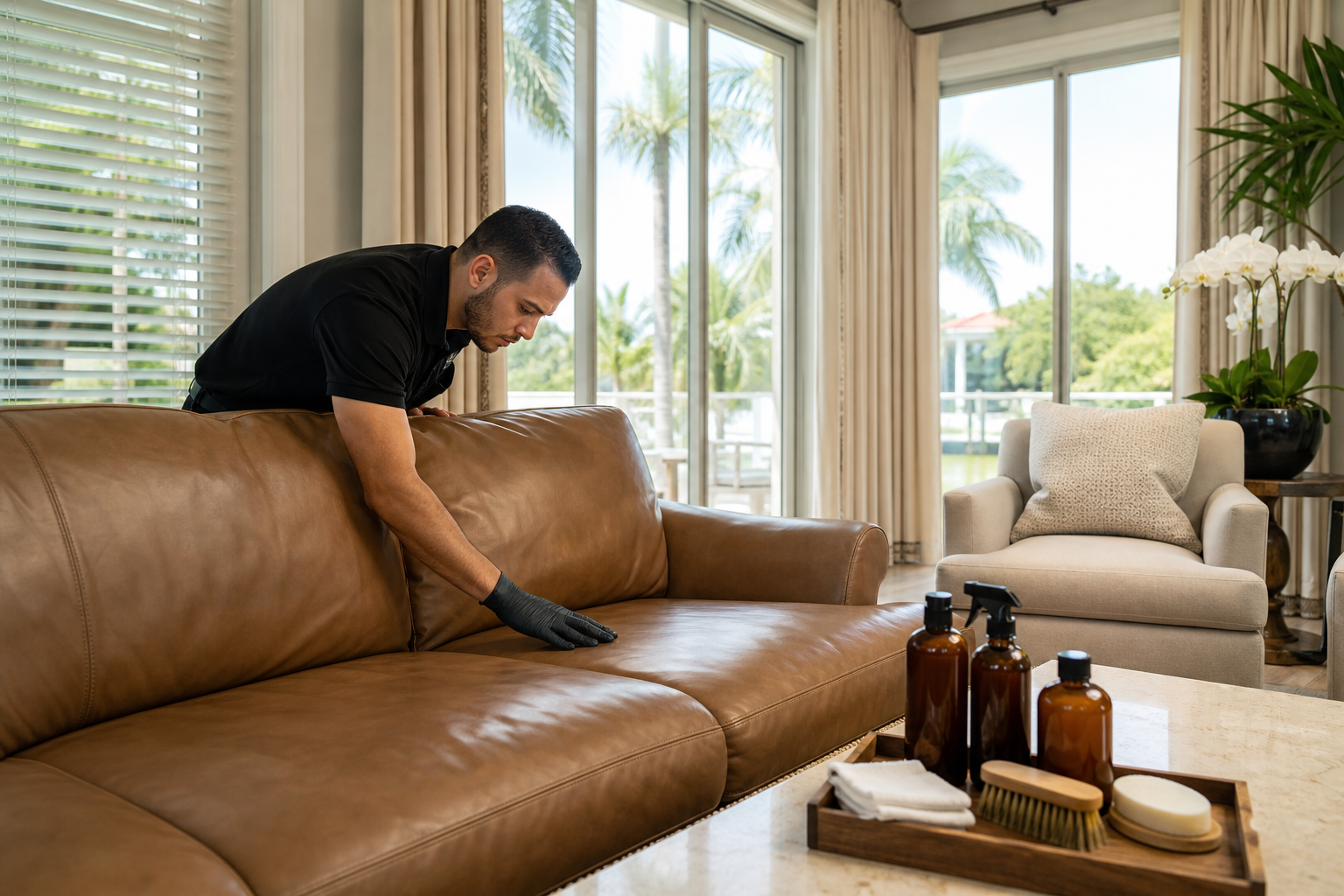 Professional inspecting a leather sofa beside safe leather-cleaning supplies in a bright Southwest Florida home
