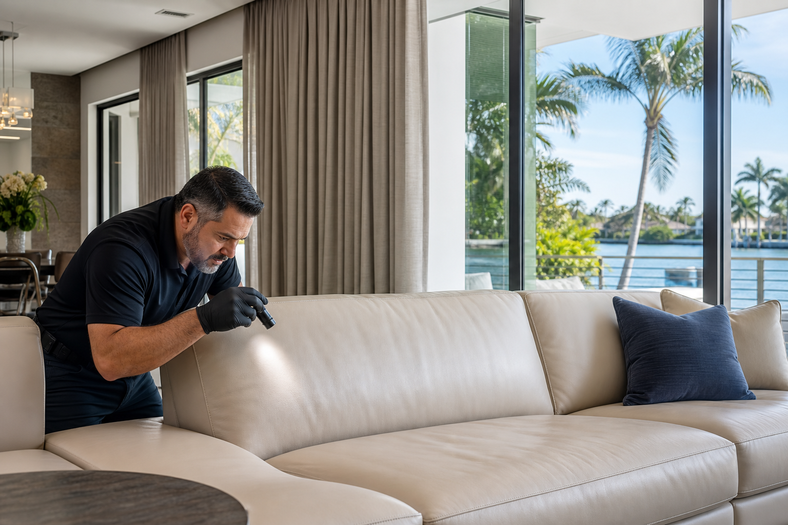 Professional inspecting the surface of a clean-looking leather sofa for hidden residue in a Southwest Florida home