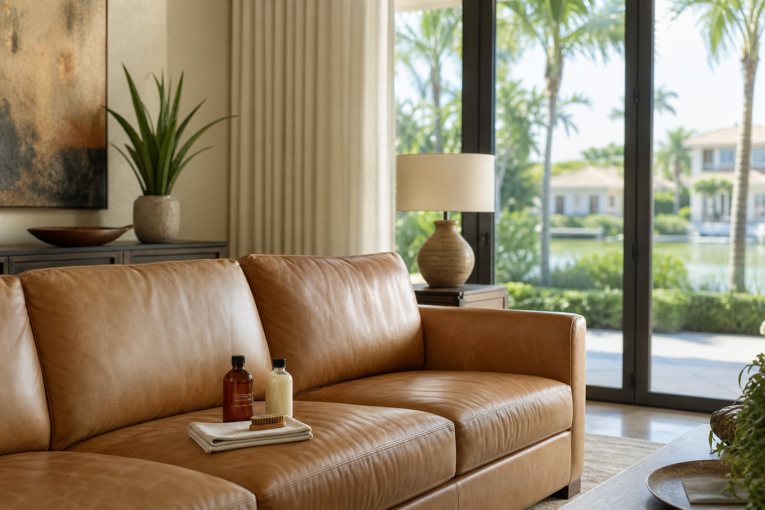 Professional cleaning and conditioning of a leather sofa in a Southwest Florida home