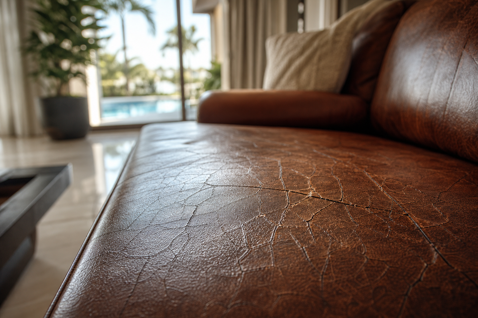 Close-up of cracked leather on a sofa seat showing surface wear and fine lines